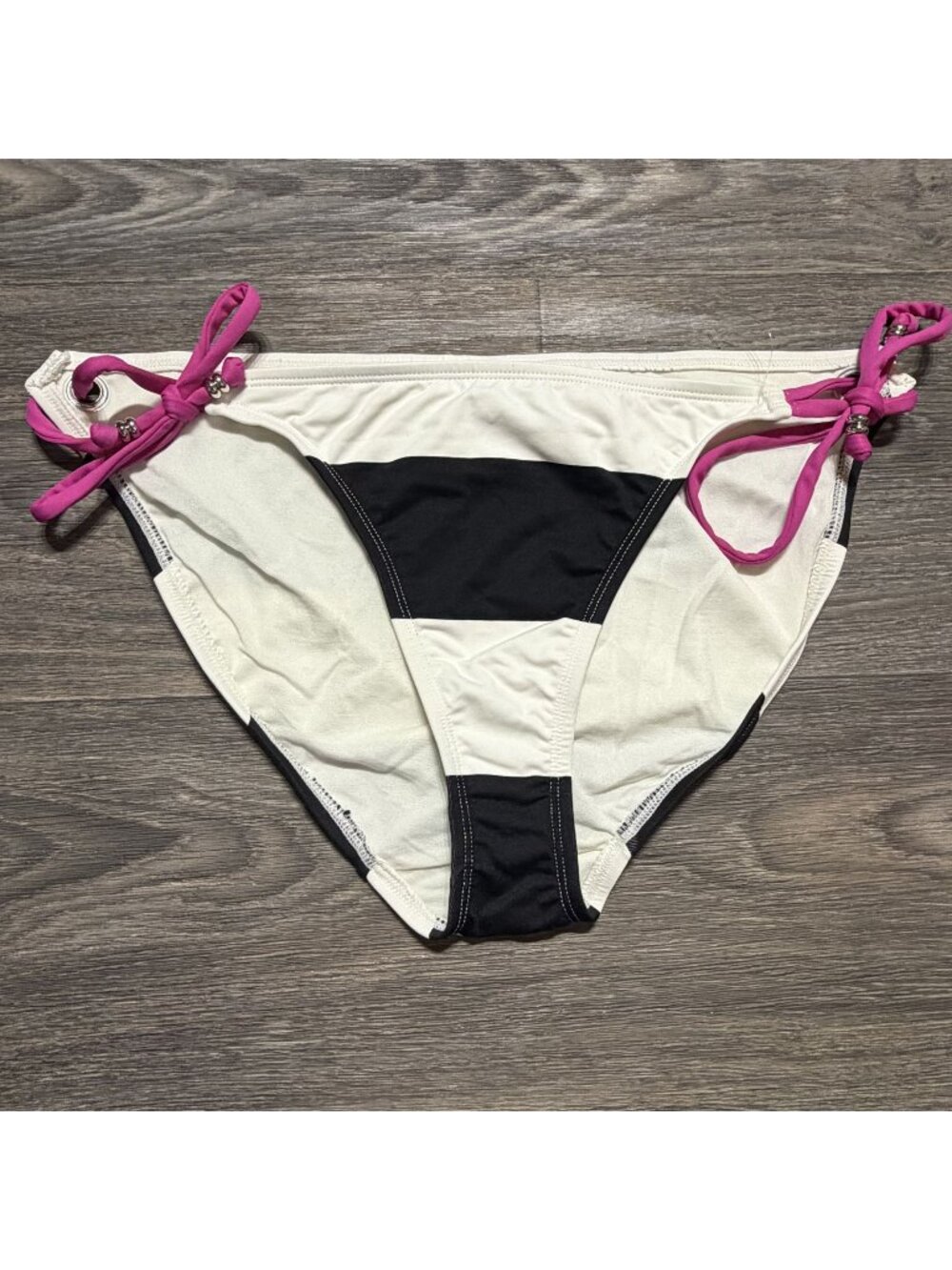 American Eagle Bikini Bottoms XL Black White Wide Stripe Pink Tie Sides Preppy